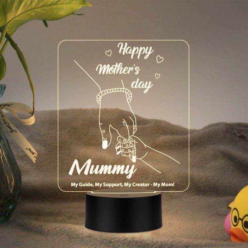 Happy Mothers Day 3D Illusion Night Lamp with Warm White Light & USB Powered | Mom Hand Holding Design Emotional Gift for Mom from Daughter & Son
